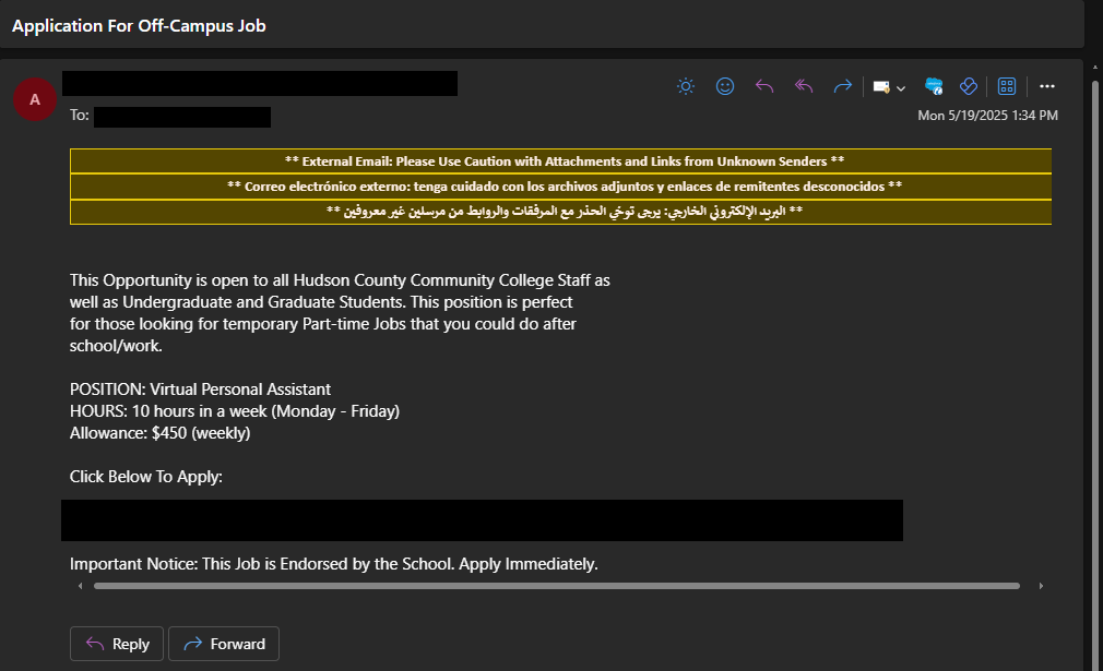 Application for Off-Campus Job Scam