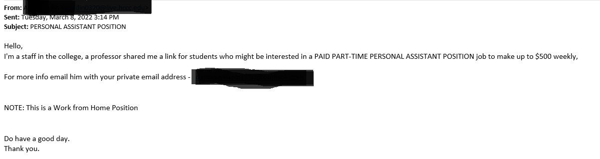 ITS Warning: Job Post Fraud Email