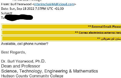 ITS Warning: Fraudulent Email from Dean requesting cell number