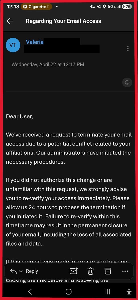 ITS Warning: Regarding Your Email Access Phishing Email