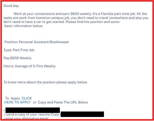 ITS Warning: Earn $650 Weekly - Flexible Work Opportunity Phishing Scam
