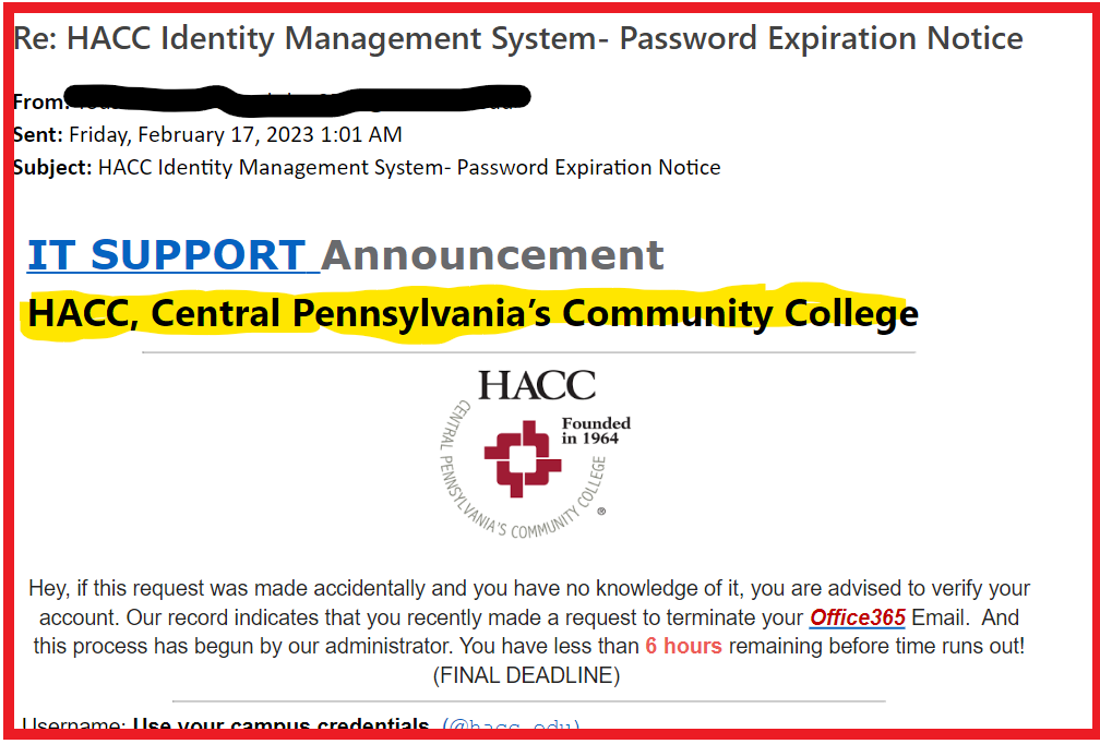 ITS Warning: Phishing "HACC Identity Management System- Password Expiration Notice"
