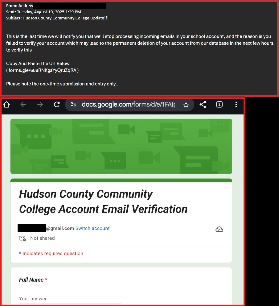 ITS Warning: "Hudson County Community College Update!!!" is a Phishing Attempt