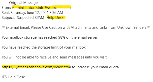 Help Desk Phishing Email