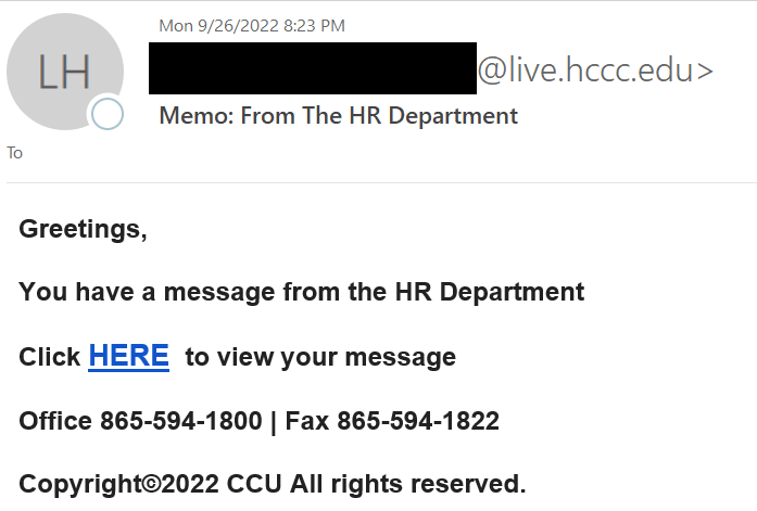 ITS Warning: Phishing Message "Memo: From the HR Department"