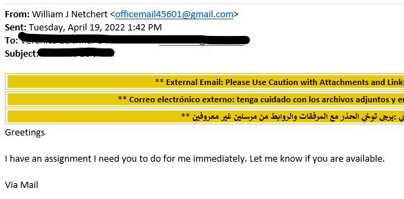 ITS Warning: Email from "William Netchert" - Subject is Recipient's Name