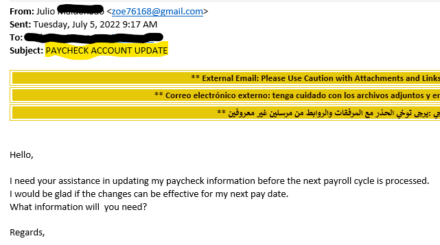 ITS Warning: PAYCHECK ACCOUNT UPDATE Email is Fraud