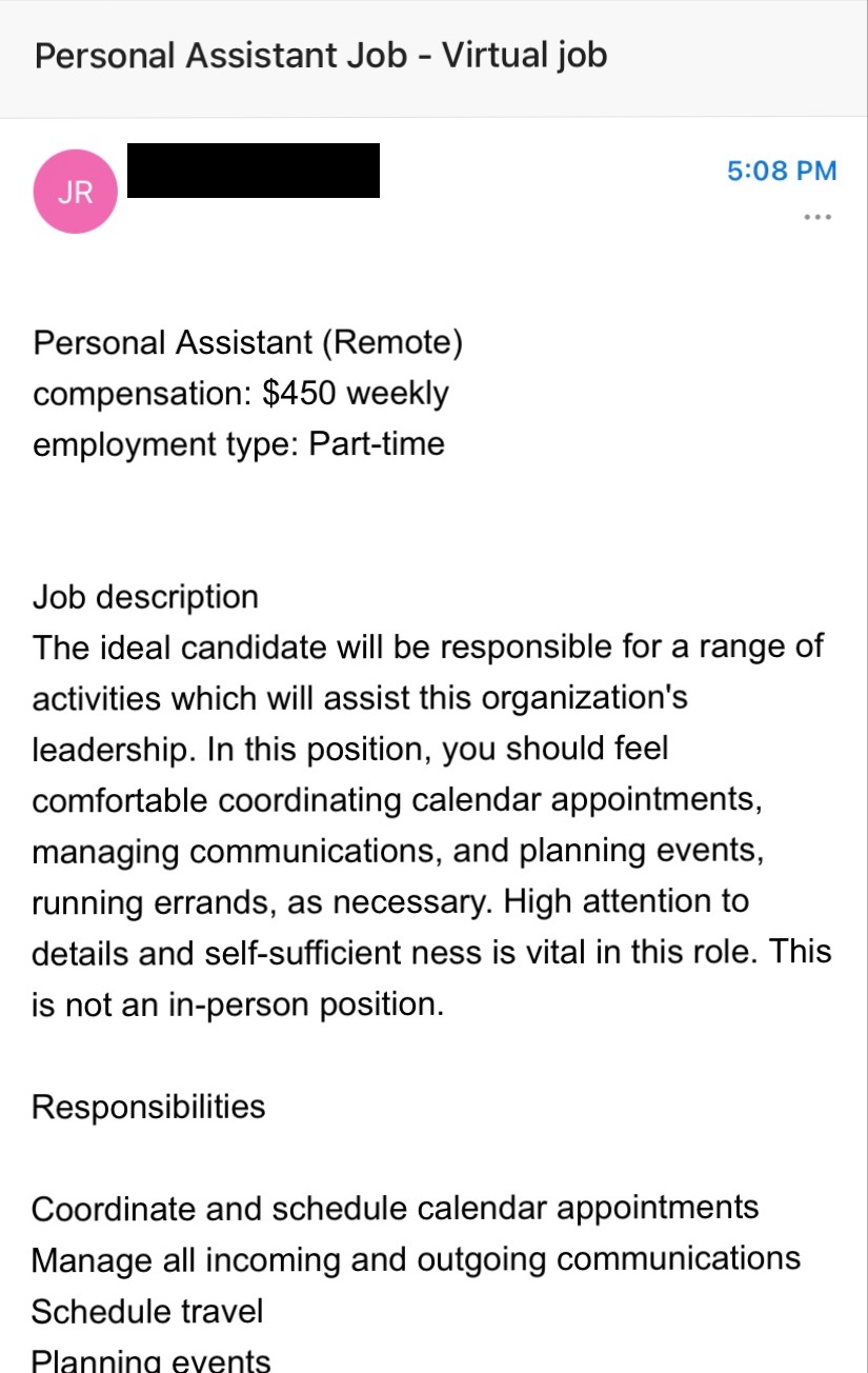 ITS Warning: Personal Assistant Job - Virtual job fraud email