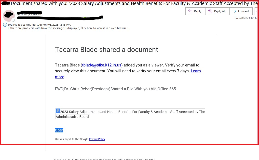 ITS Warning: Phishing - Document shared with you: "2023 Salary Adjustments and Health Benefits For Faculty & Academic Staff Accepted by The Administrative Board."
