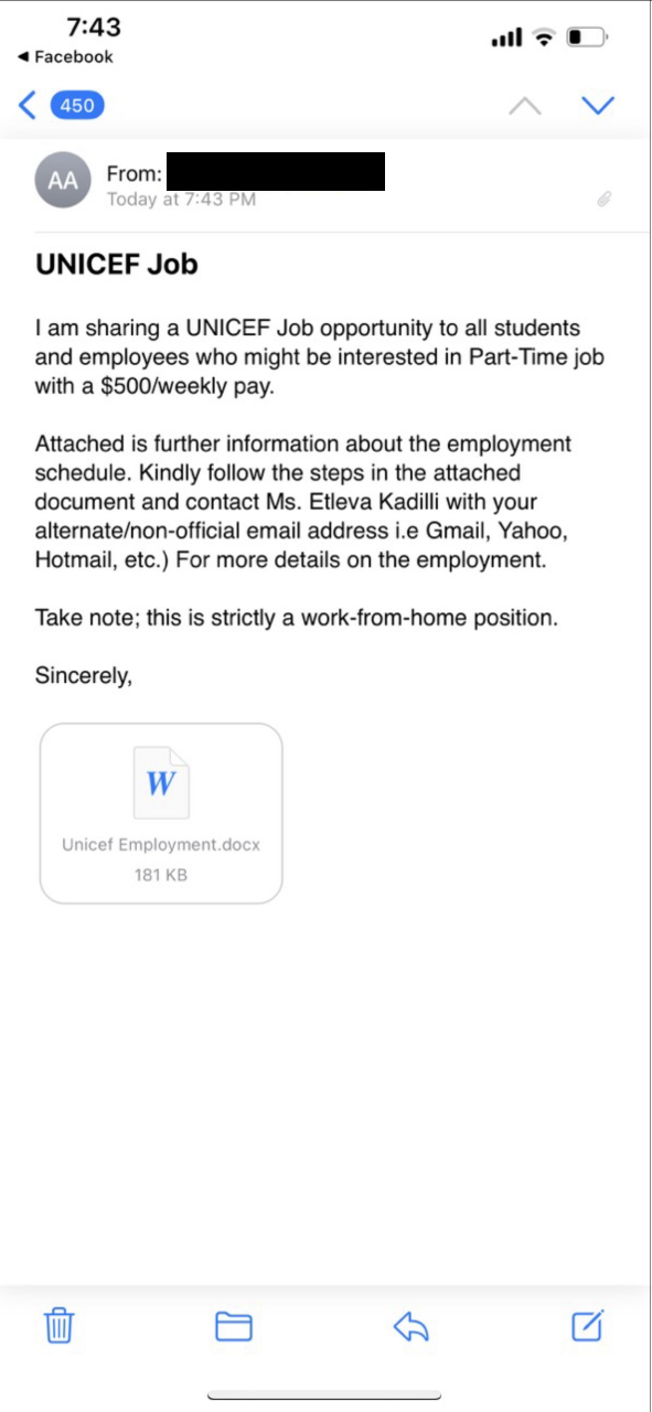 ITS Warning: UNICEF Job - Fraudulent Email