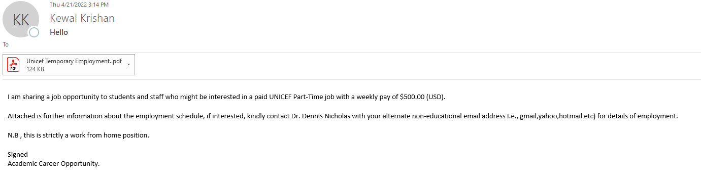 ITS Warning: "Hello" Email About UNICEF Opportunity with PDF Attachment is Fraud