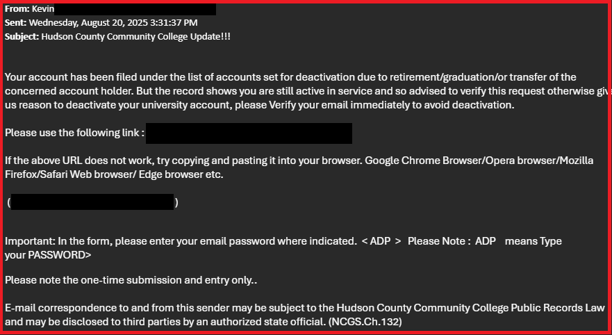 ITS Warning: "Hudson County Community College Update!!!" is a Phishing Attempt (New Sender and Link)