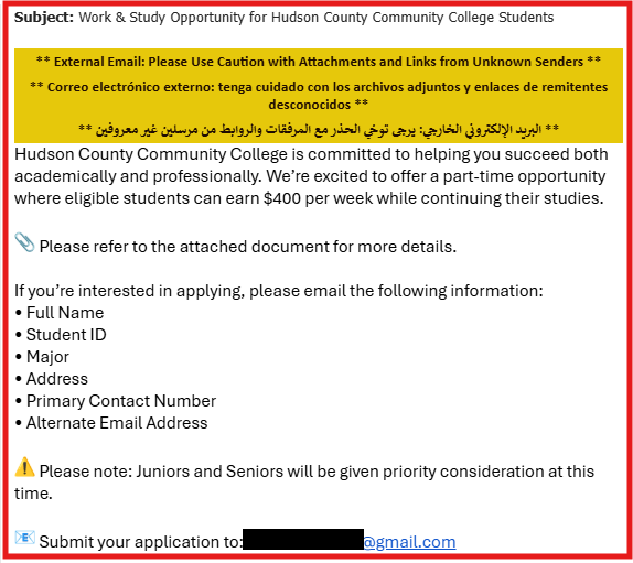ITS Warning: "Work & Study Opportunity for Hudson County Community College Students" Scam