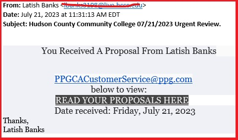ITS Warning: Hudson County Community College [Date] Urgent Review. Phishing Email