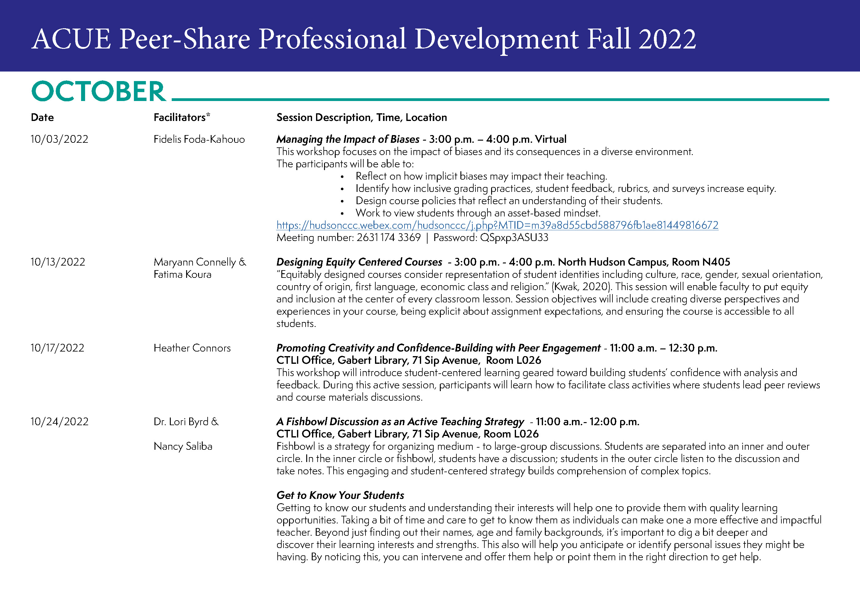 Desarrollo profesional ACUE Peer-Share Otoño 2022 - Calendario de octubre