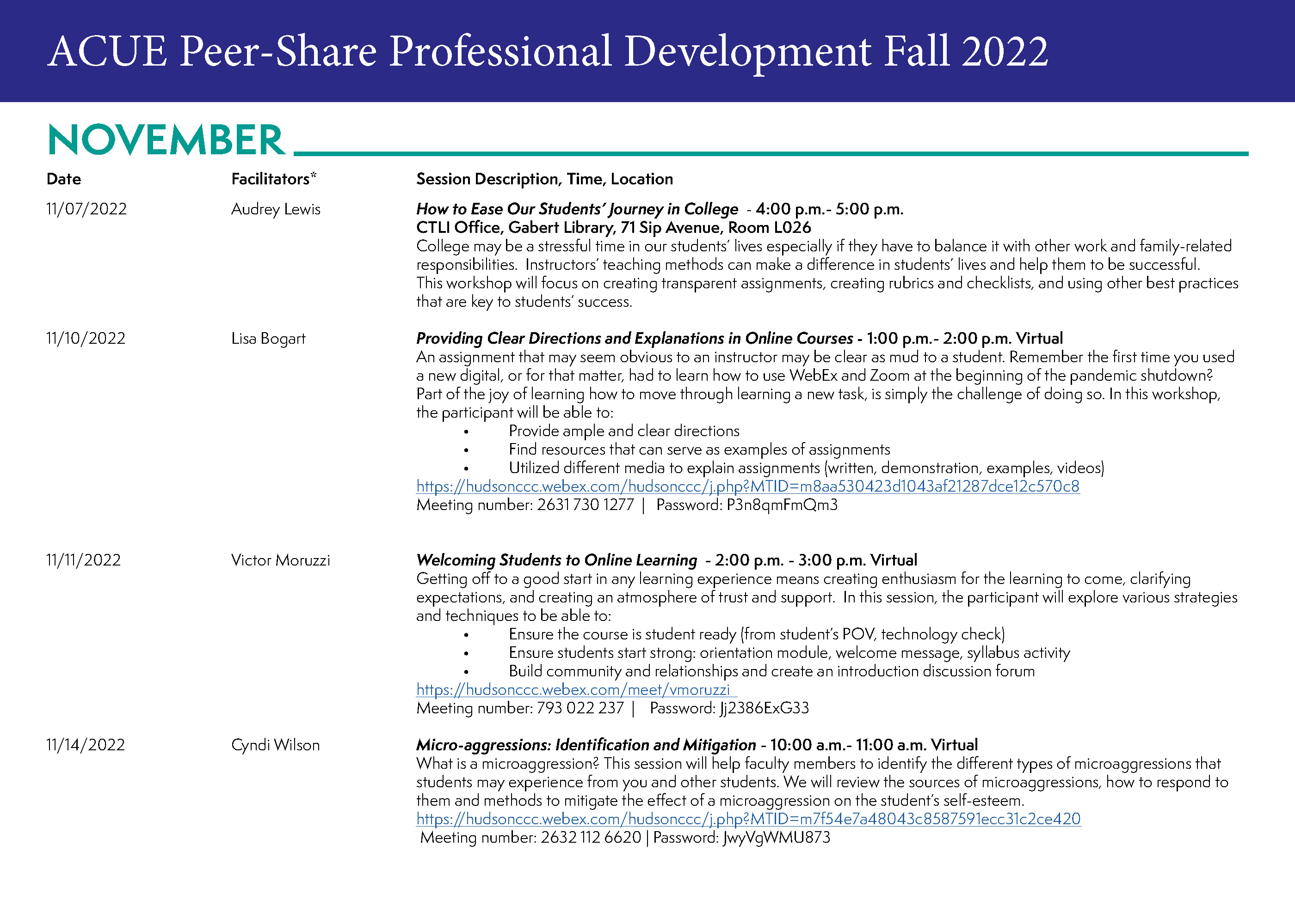 ACUE Peer-Share Professional Development Otoño 2022 - Calendario de noviembre