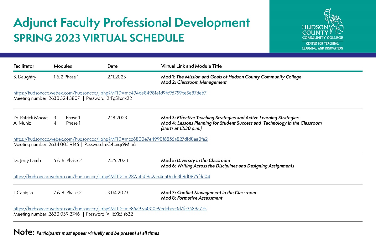 ADJUNCT FACULTY VIRTUAL PROFESSIONAL DEVELOPMENT SPRING 2023 SCHEDULE