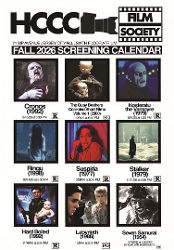 Promotional flyer for the HCCC Film Society Fall 2026 Screening Calendar at 71 Sip Avenue, Jersey City, NJ, in the sixth-floor atrium. The schedule features screenings of Cronos on September 16, The Quay Brothers Collected Short Films Volume 1 on October 1, Nosferatu the Vampyre on October 7, Ringu on October 21, Suspiria on October 28, Stalker on November 11, Hard Boiled on November 18, Labyrinth on December 9, and Seven Samurai on December 16. Screening times and film ratings are provided on the flyer.