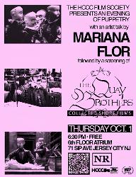 Promotional flyer for the HCCC Film Society’s Evening of Puppetry, featuring an artist talk by Mariana Flor followed by a screening of The Quay Brothers Collected Short Films. The free event takes place Thursday, October 1 at 6:30 p.m. in the sixth-floor atrium at 71 Sip Avenue, Jersey City, NJ. The pink-and-black flyer includes photographs of puppets and puppetry scenes, along with HCCC Film Society and Hudson County Cultural Affairs branding.