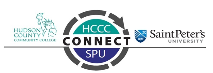 This logo represents the collaborative program "HCCC CONNECT SPU" between Hudson County Community College and Saint Peter's University. It highlights a partnership symbolized by the interconnected design, aiming to bridge academic programs and facilitate seamless student transfers.