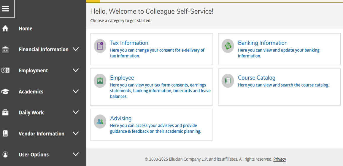 Colleague Self-Service menu Colleague Self-Service menu