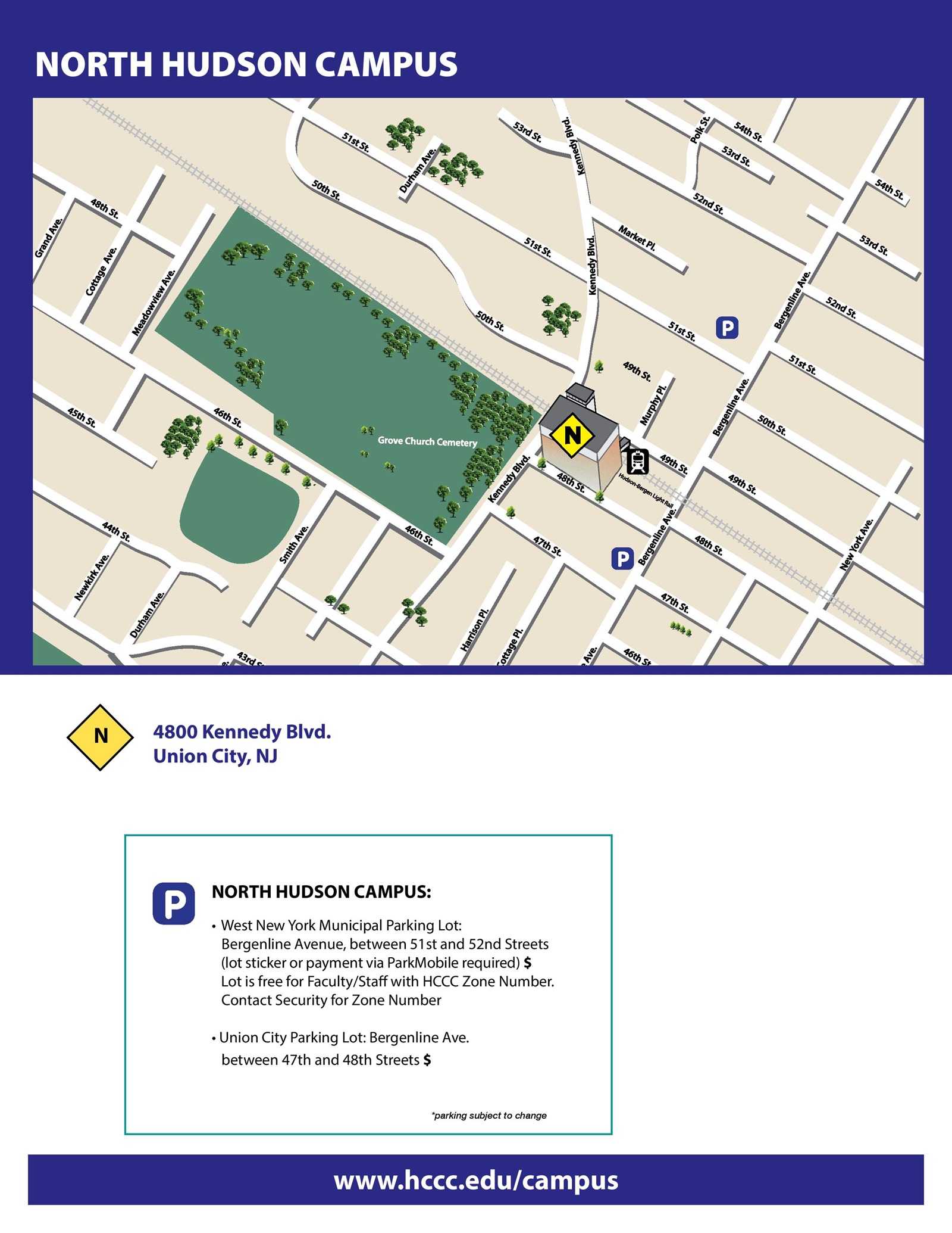 Hudson County Community College - North Hudson Campus  Located at 4800 Kennedy Blvd, Union City, NJ, the campus includes key services across seven floors:  1st Floor – Enrollment, bookstore, and testing 2nd Floor – Career services and student lounge 3rd Floor – Library and computer labs 4th-5th Floors – Classrooms, labs, and food pantry 6th Floor – County One-Stop Center 7th Floor – Administrative offices and terrace Parking: Available nearby with a faculty/staff lot at P.C. Richard & Son.