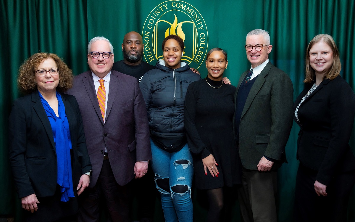 Pictured at a Jan. 11 press conference announcing the Hudson County Community College Phlebotomy Technician Certification from left: Lori Margolin, HCCC Associate Vice President for Continuing Education and Workforce Development; Dr. Christopher Reber, HCCC President; New Jersey Reentry Corporation program participants Camille Hannah, Michael Chatmon and Kaiyah Thompson; James McGreevey, NJRC Founder and Chairman and former New Jersey governor; and Dr. Heather DeVries, HCCC Dean of Academic Affairs and Assessment.