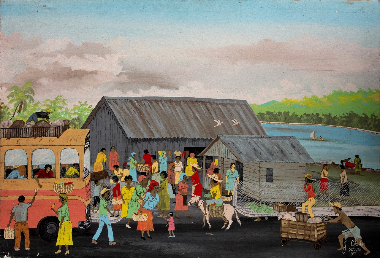 “Untitled” (Bus, Crowds of People, and Buildings) by J. Clarke, 1982, Oil on Canvas, 19” x 28”