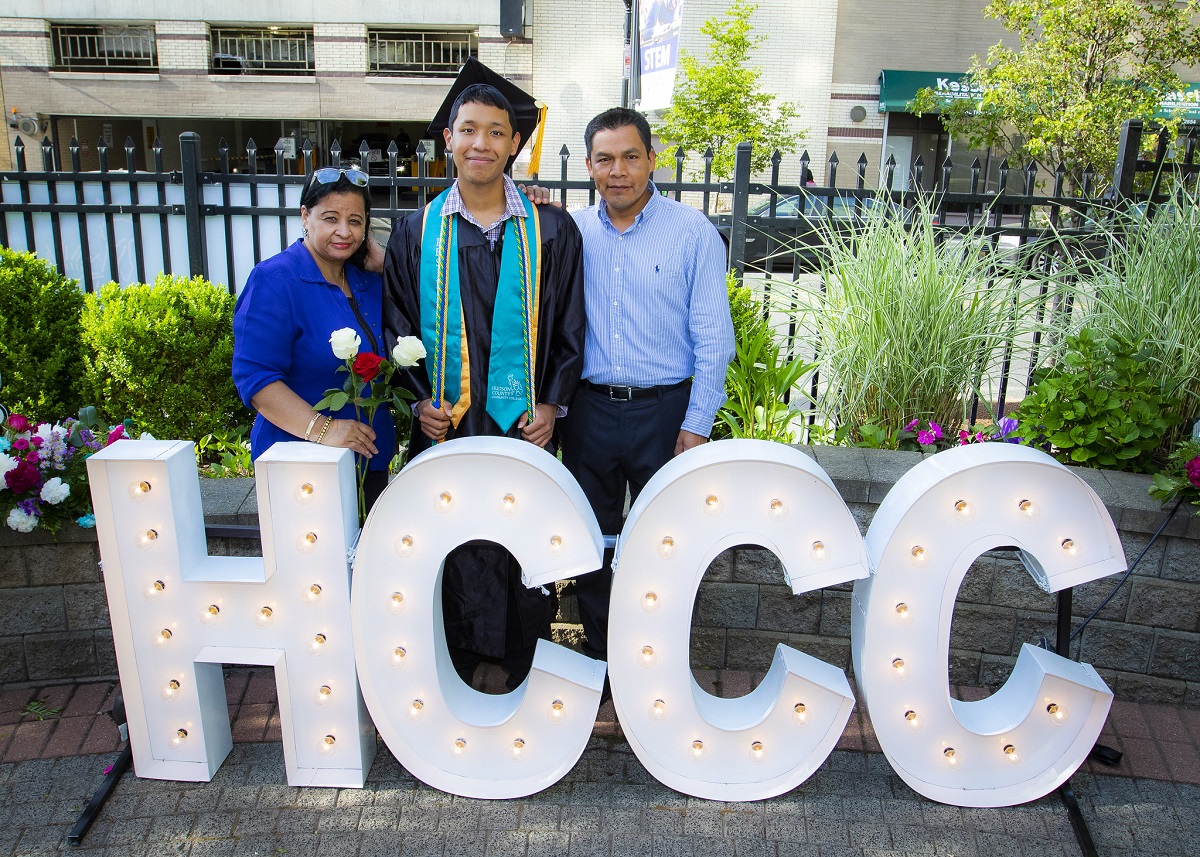 Pedro Moranchel, HCCC Class of 2021 Valedictorian, now a Princeton University junior and the HCCC 2022 Commencement keynote speaker, is pictured here with his parents.