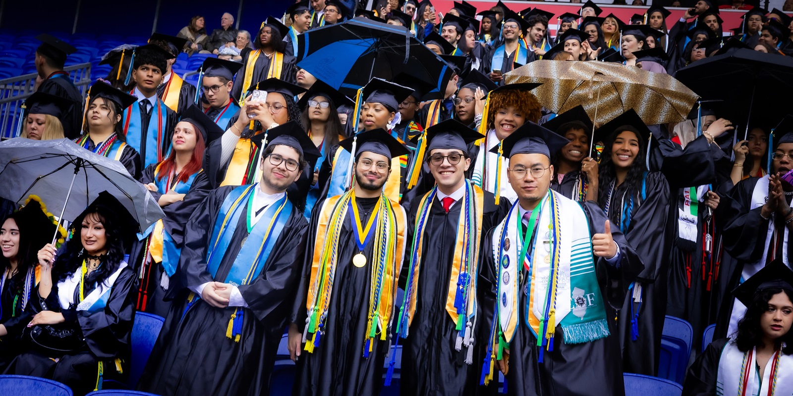 Pictured here are students at the May 2025 Commencement that celebrated the fifth consecutive record number of graduates in Hudson County Community College history.
