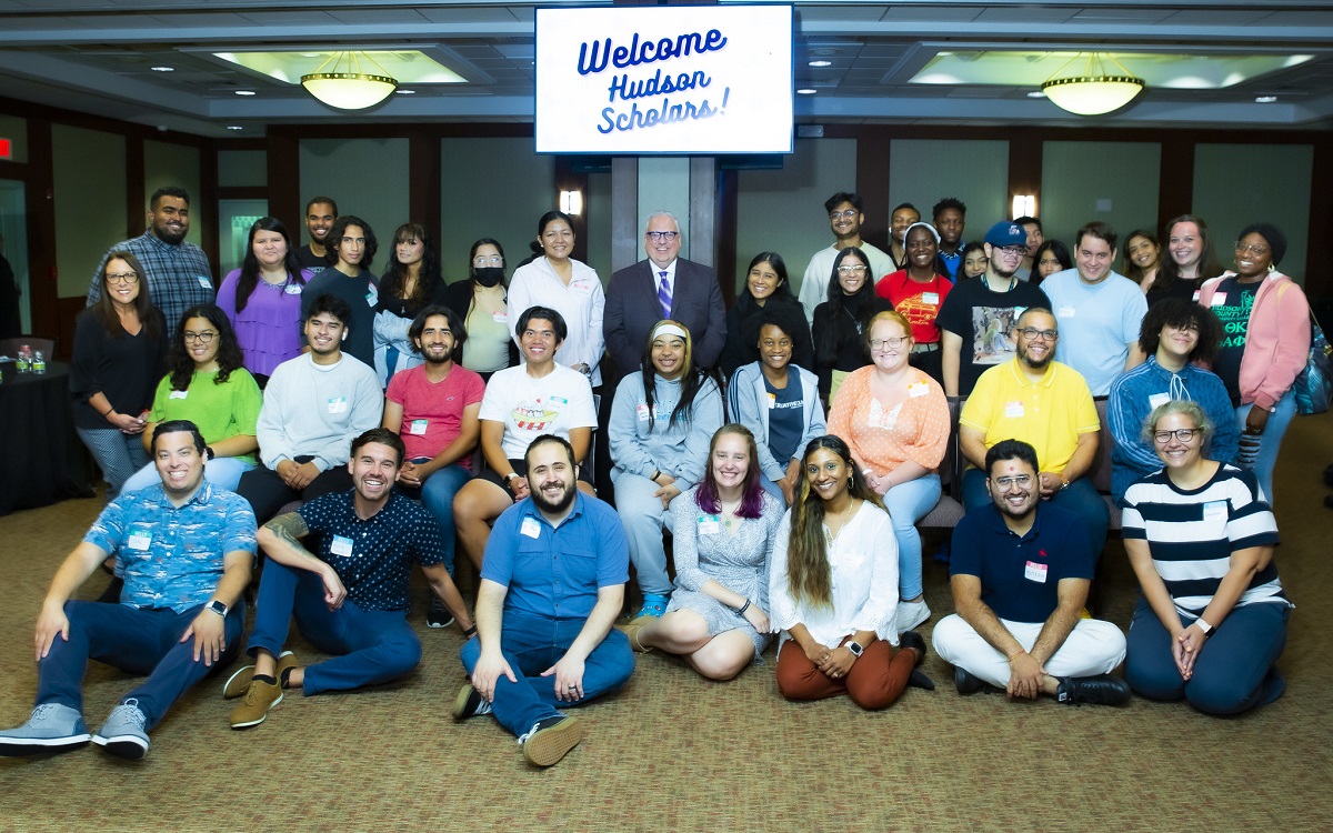 Pictured here, Hudson County Community College President Dr. Christopher Reber (top row, center) with students and staff from the College’s award-winning “Hudson Scholars” program.