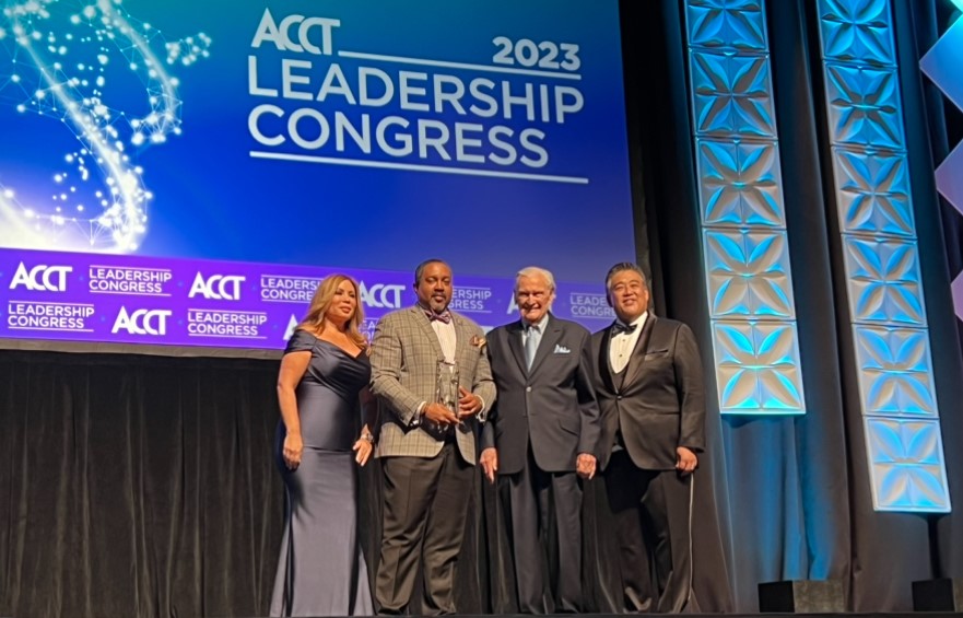 Rose Benavidez, ACCT Chair; Bakari G. Lee, Esq.; M. Dale Ensign, Namesake of the Trustee Leadership Award; and Jee Hang Lee, ACCT President and CEO.