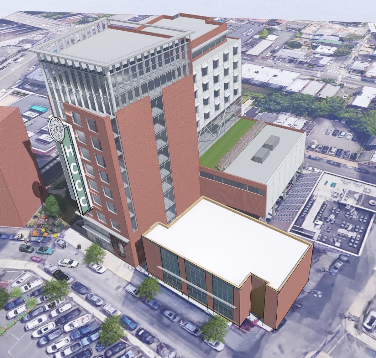 Pictured here, an aerial-view rendering of Hudson County Community College’s 11-story, 153,186 square-foot academic tower facility that will be constructed in the Journal Square section of Jersey City, NJ.
