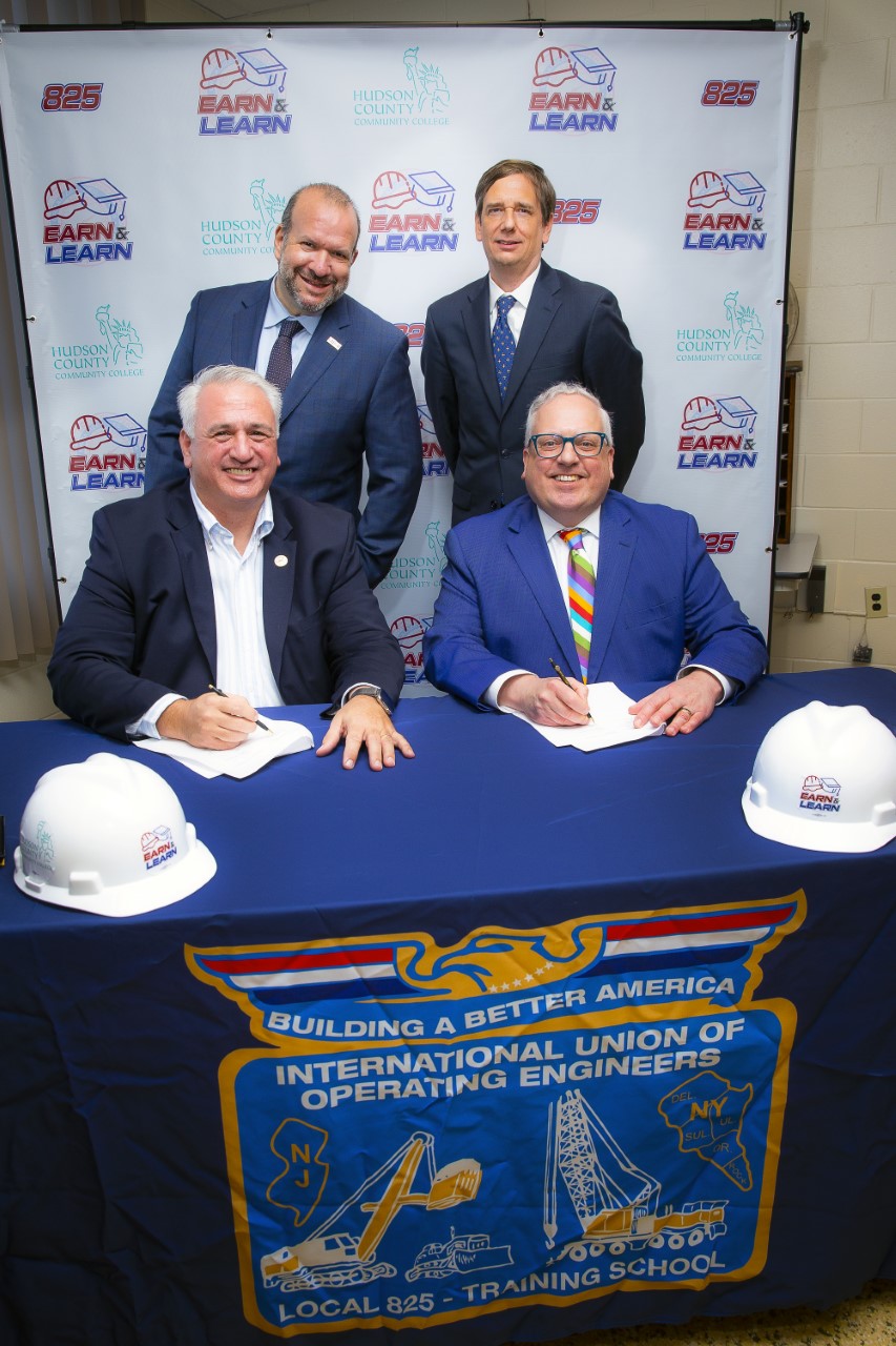 Pictured clockwise from left: New Jersey Labor and Workforce Development Commissioner Robert Asaro-Angelo, New Jersey Council of County Colleges President Dr. Aaron R. Fichtner, Hudson County Community College President Dr. Christopher Reber, and International Union of Operating Engineers Local 825 Business Manager Greg Lalevee.