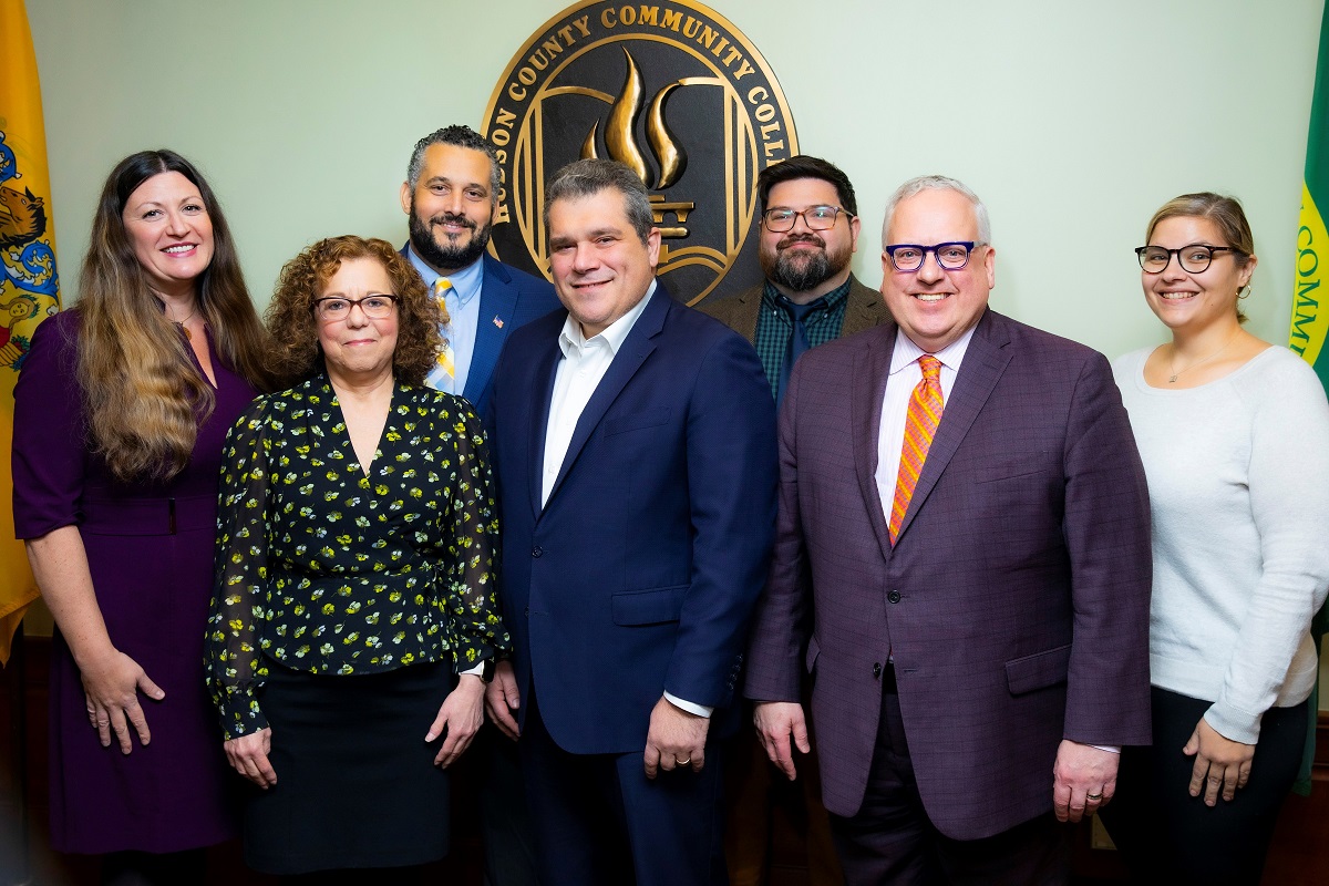 Pictured here, Hudson County Community College’s Bellwether Award Presentation Team. From left: Anna Krupitskiy, Vice President for Human Resources; Lori Margolin, Associate Vice President for Continuing Education and Workforce Development; Yeurys Pujols, Vice President for Diversity, Equity, and Inclusion; Dr. Nicholas Chiaravalloti, Vice President for External Affairs and Senior Counsel to the President; John Urgola, Director II of Institutional Research and Planning; Dr. Christopher Reber, President; and Dr. Gretchen Schulthes, Director of Advisement.