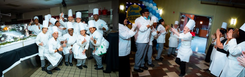 Hudson County Community College (HCCC) Culinary Arts students and chef-instructors welcome guests to the December 8, 2022 HCCC Foundation Gala with thumbs up and applause. The event set attendance and fundraising records.