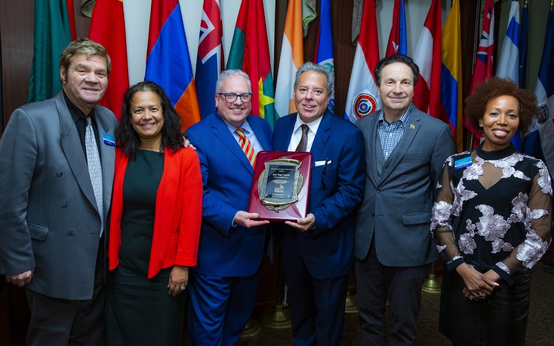 The Hudson County Community College Foundation 2021 Distinguished Community Service Award was presented to José “Pepe” Garcia (third from right), Founder and President of Maverick Building Services, Inc. at the Foundation’s 24th Annual Holiday Gala on Dec. 2. Also included here, from left, HCCC Foundation Chair Joseph Napolitano, Sr.; Hudson County Commissioner Yraida Aponte-Lipski; HCCC President Dr. Christopher Reber; Hudson County Commissioner Anthony L. Romano; and HCCC Vice President for Advancement and Communications Nicole Bouknight Johnson.