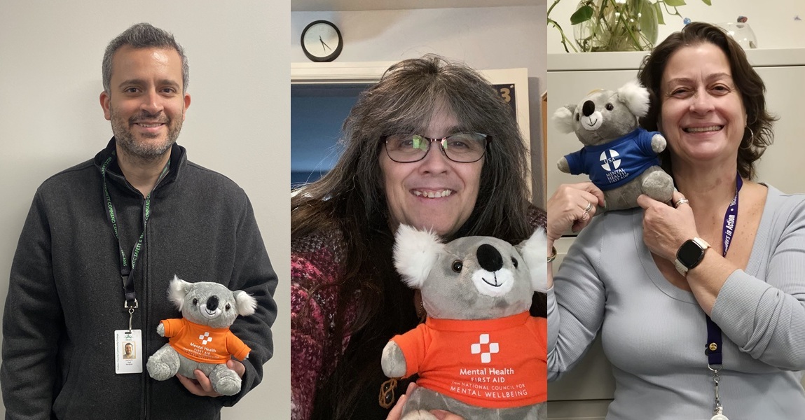 Mental Health First Aid Training and QPQ Trainers A photo of three trainers holding koala mascots representing mental health first aid, emphasizing training and community support.